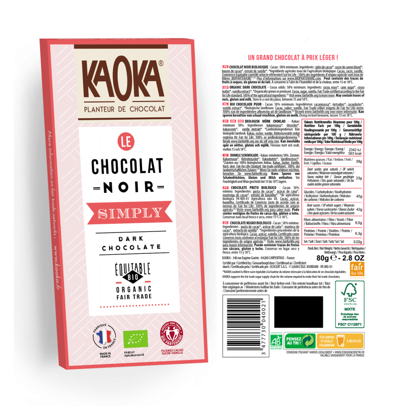CHOCOLAT NOIR 58% SIMPLY DARK 80 G KAOKA